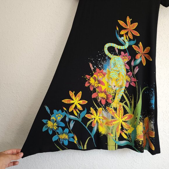 Desigual XS Black Agra Floral Tiger Short Sleeve T-Shirt Tunic Mini Dress - Picture 6 of 13